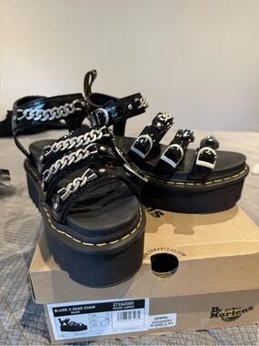 Dr. Martens Blair II Quad Black  Platform Sandals with Silver Chain Accents